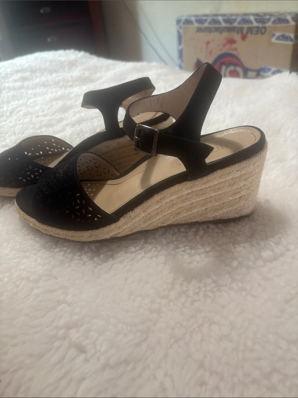 Vionic Black Espadrille Wedge Sandals with Perforated Toe - Picture 5 of 11